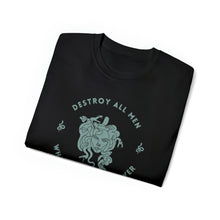 Load image into Gallery viewer, This photo shows a flat lay of the folded Medusa t-shirt to show the ribbed neckline.