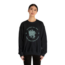 Load image into Gallery viewer, Medusa sweatshirt featuring a sea foam green Medusa head encircled by the words “DESTROY ALL MEN WHO ABUSE THEIR POWER” surrounded by snakes.