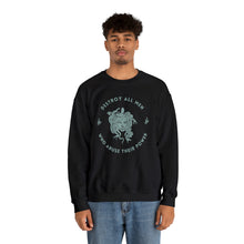 Load image into Gallery viewer, Medusa sweatshirt featuring a sea foam green Medusa head encircled by the words “DESTROY ALL MEN WHO ABUSE THEIR POWER” surrounded by snakes.