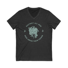 Load image into Gallery viewer, This grey cotton v-neck shirt features a sea foam green Medusa head encircled by the words “DESTROY ALL MEN WHO ABUSE THEIR POWER” and snakes on either side.
