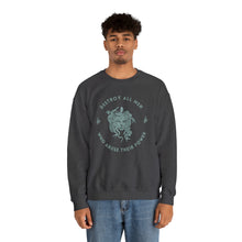 Load image into Gallery viewer, Medusa sweatshirt featuring a sea foam green Medusa head encircled by the words “DESTROY ALL MEN WHO ABUSE THEIR POWER” surrounded by snakes. This sweatshirt is grey in color, the text and Medusa head is illustrated in sea foam green outlined in black.