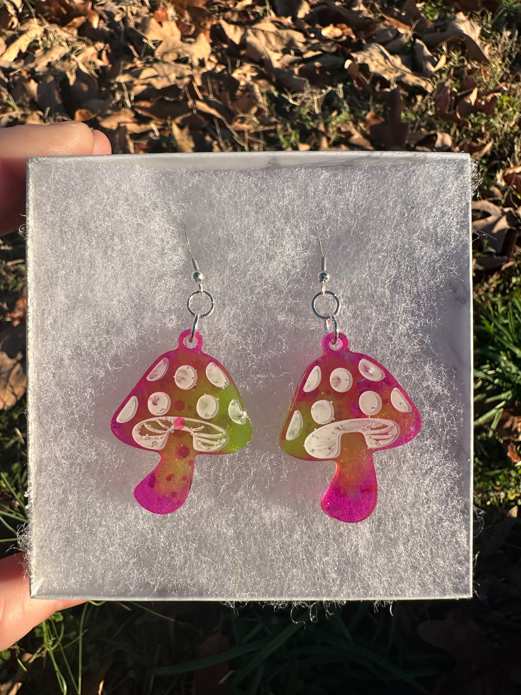Sparkly Green & Pink Mushroom Earrings