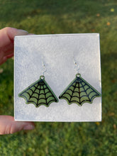 Load image into Gallery viewer, Green Shimmering Spiderweb Earrings
