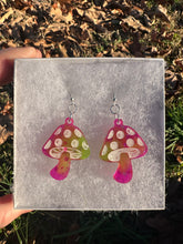 Load image into Gallery viewer, Sparkly Green &amp; Pink Mushroom Earrings
