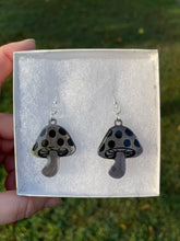 Load image into Gallery viewer, Small Grey, Purple &amp; Green Mushroom Earrings

