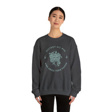 Load image into Gallery viewer, Medusa sweatshirt featuring a sea foam green Medusa head encircled by the words “DESTROY ALL MEN WHO ABUSE THEIR POWER” surrounded by snakes. This sweatshirt is grey in color, the text and Medusa head is illustrated in sea foam green outlined in black.
