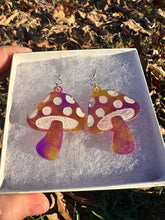 Load image into Gallery viewer, Sparkly Purple &amp; Yellow Mushroom Earrings
