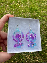 Load image into Gallery viewer, Blue &amp; Purple Sparkly Feminist Earrings
