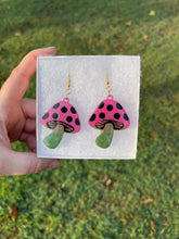 Load image into Gallery viewer, Large Dark Green &amp; Pink Mushroom Earrings
