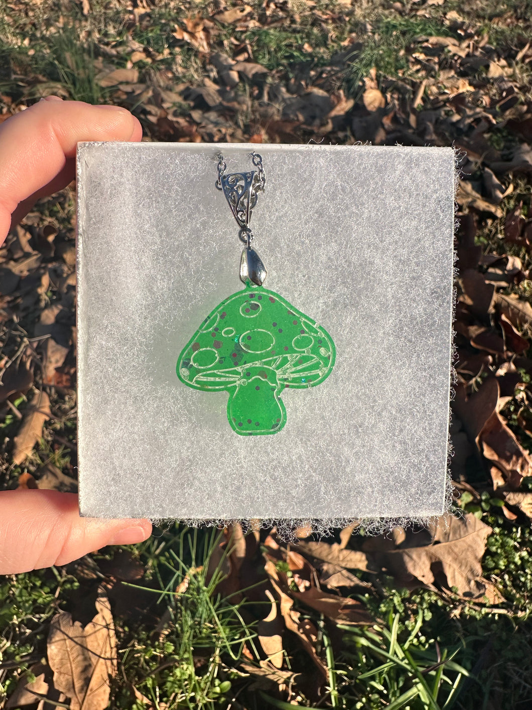 Green Sparkly Mushroom Necklace