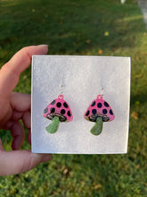 Load image into Gallery viewer, Small Dark Green &amp; Pink Mushroom Earrings
