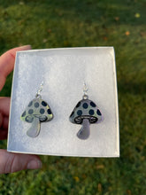 Load image into Gallery viewer, Small Grey, Purple &amp; Green Mushroom Earrings
