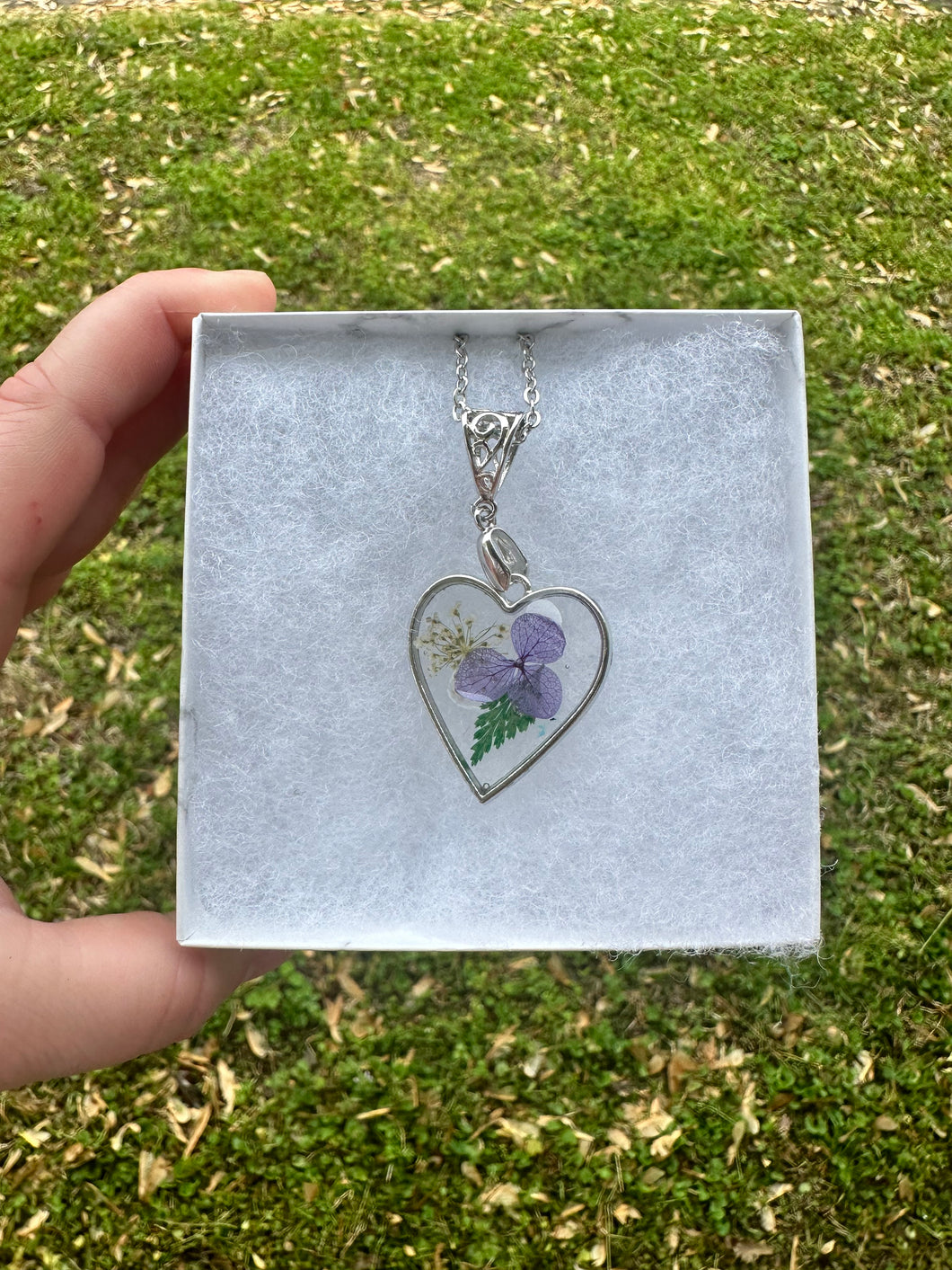 Purple, Green, & White Floral Heart Necklace