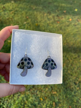 Load image into Gallery viewer, Small Grey, Purple &amp; Green Mushroom Earrings
