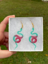 Load image into Gallery viewer, Teal &amp; Raspberry Snake Earrings
