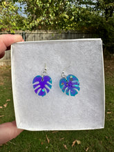 Load image into Gallery viewer, Teal &amp; Purple Monstera Leaf Earrings
