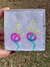 Load image into Gallery viewer, Pink, Teal, &amp; Yellow Sparkly Snake Earrings
