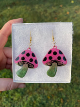 Load image into Gallery viewer, Large Dark Green &amp; Pink Mushroom Earrings

