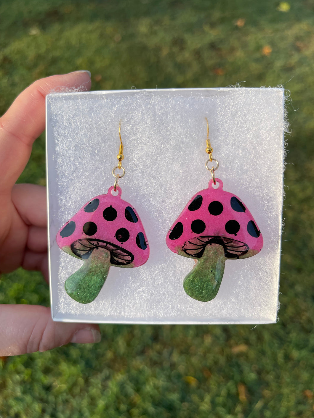 Large Dark Green & Pink Mushroom Earrings