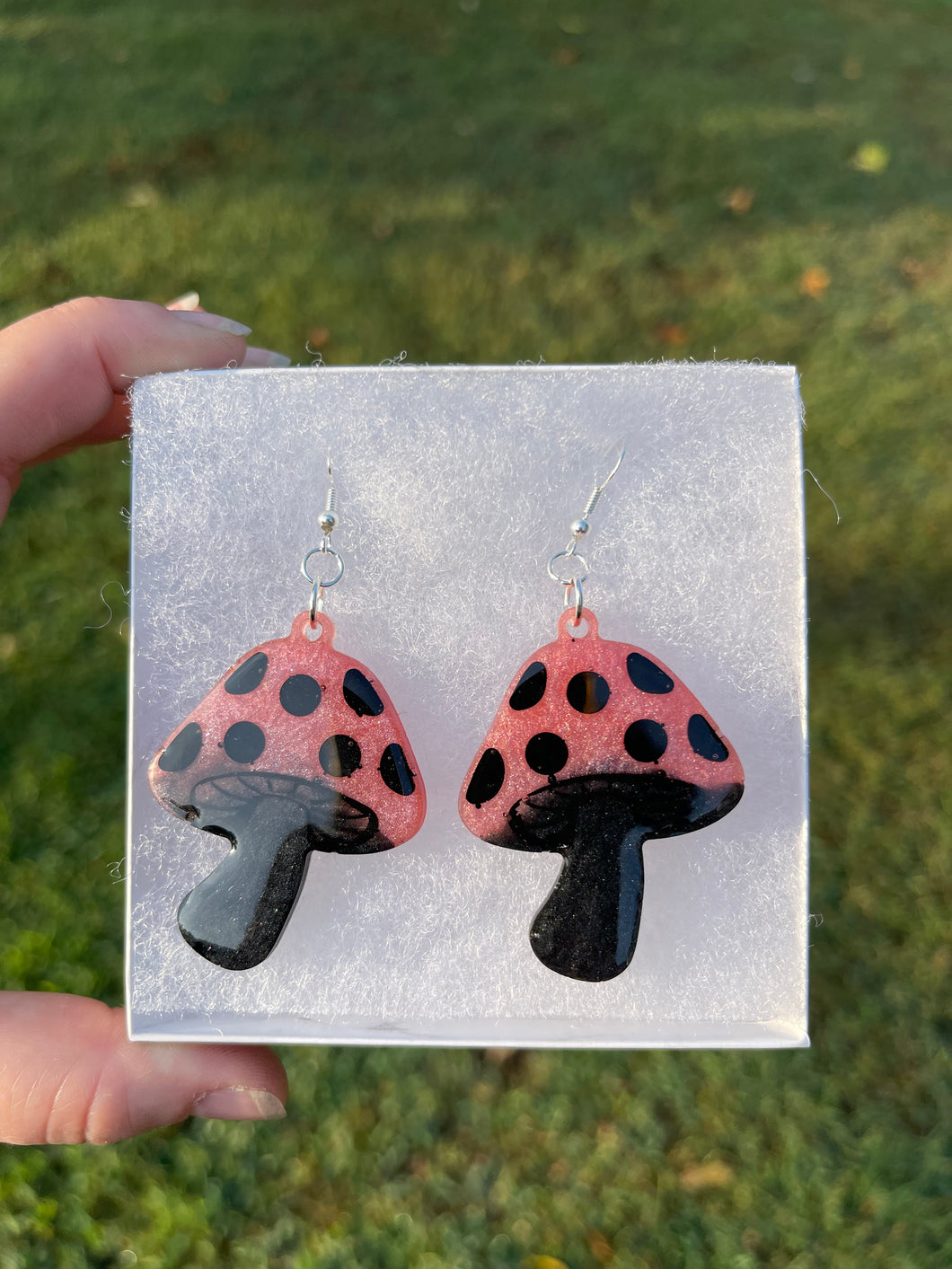 Large Pink & Black Mushroom Earrings