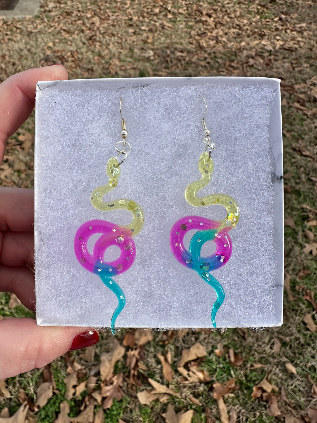 Pink, Teal, & Yellow Sparkly Snake Earrings