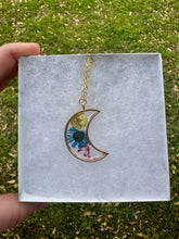 Load image into Gallery viewer, Blue, Purple, &amp; Green Floral Moon Necklace
