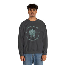 Load image into Gallery viewer, Medusa sweatshirt featuring a sea foam green Medusa head encircled by the words “DESTROY ALL MEN WHO ABUSE THEIR POWER” surrounded by snakes. This sweatshirt is grey in color, the text and Medusa head is illustrated in sea foam green outlined in black.
