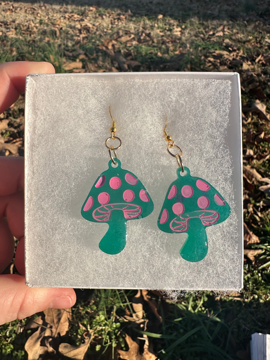 Green & Pink Mushroom Earrings II