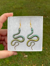 Load image into Gallery viewer, Green Shimmery Snake Earrings

