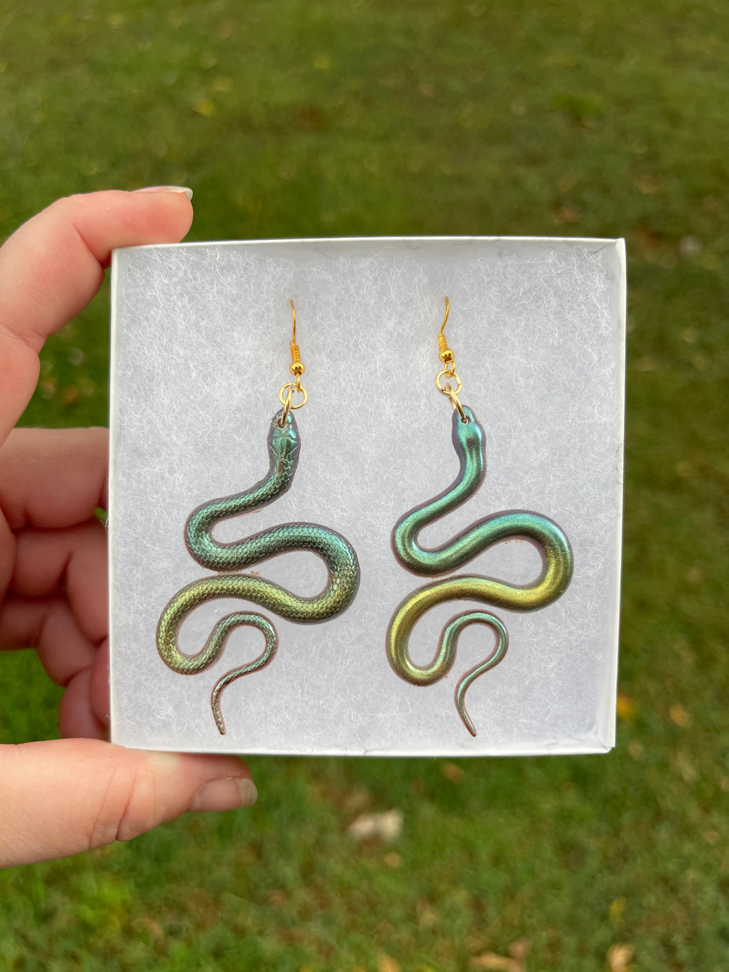 Green Shimmery Snake Earrings
