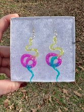 Load image into Gallery viewer, Pink, Teal, &amp; Yellow Sparkly Snake Earrings
