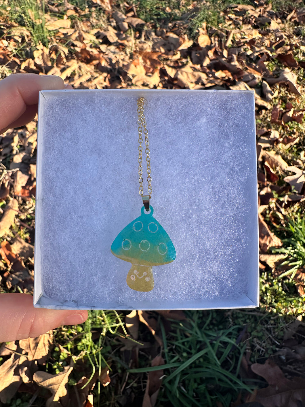 Teal & Yellow Mushroom Necklace