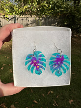 Load image into Gallery viewer, Turquoise &amp; Purple Monstera Leaf Earrings
