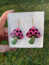 Load image into Gallery viewer, Large Dark Green &amp; Pink Mushroom Earrings
