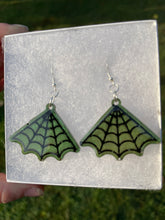 Load image into Gallery viewer, Green Shimmering Spiderweb Earrings
