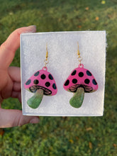 Load image into Gallery viewer, Large Dark Green &amp; Pink Mushroom Earrings
