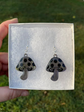 Load image into Gallery viewer, Small Grey, Purple &amp; Green Mushroom Earrings
