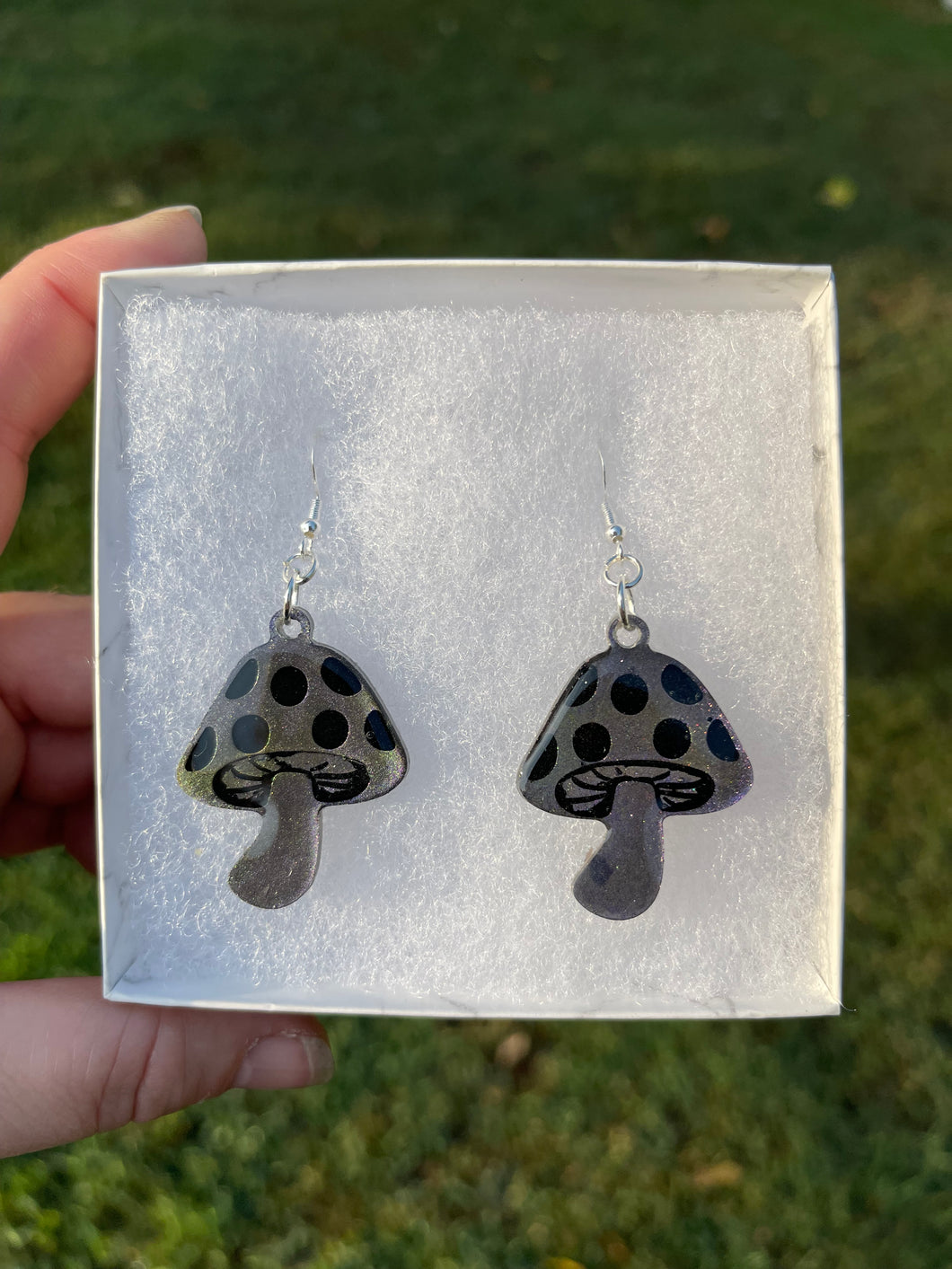 Small Grey, Purple & Green Mushroom Earrings