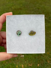 Load image into Gallery viewer, Green &amp; Blue Alien &amp; UFO Earrings
