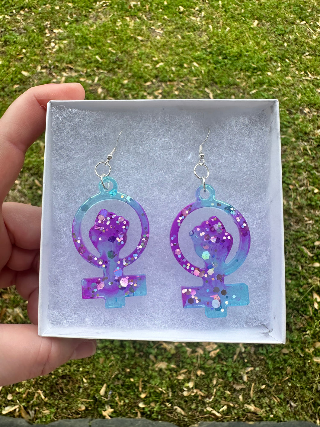 Blue & Purple Sparkly Feminist Earrings