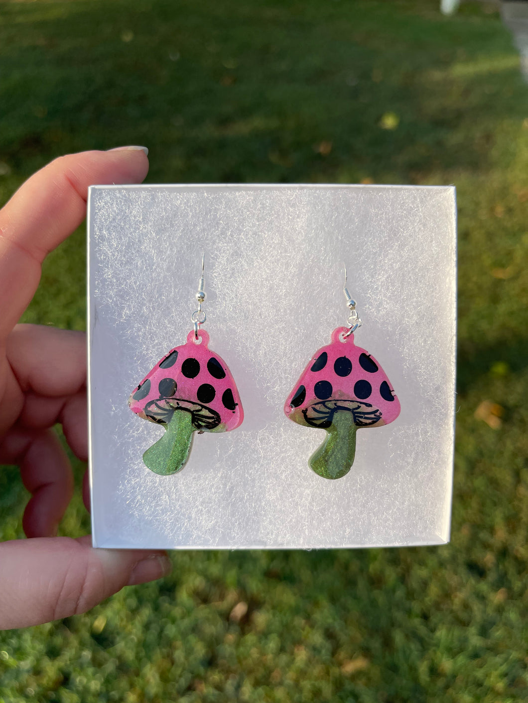 Small Dark Green & Pink Mushroom Earrings