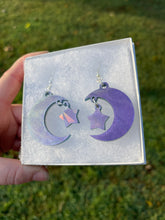 Load image into Gallery viewer, Purple Holographic Moon &amp; Star Earrings
