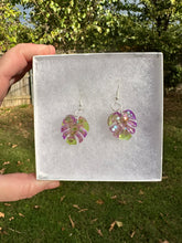 Load image into Gallery viewer, Green &amp; Purple Monstera Leaf Earrings

