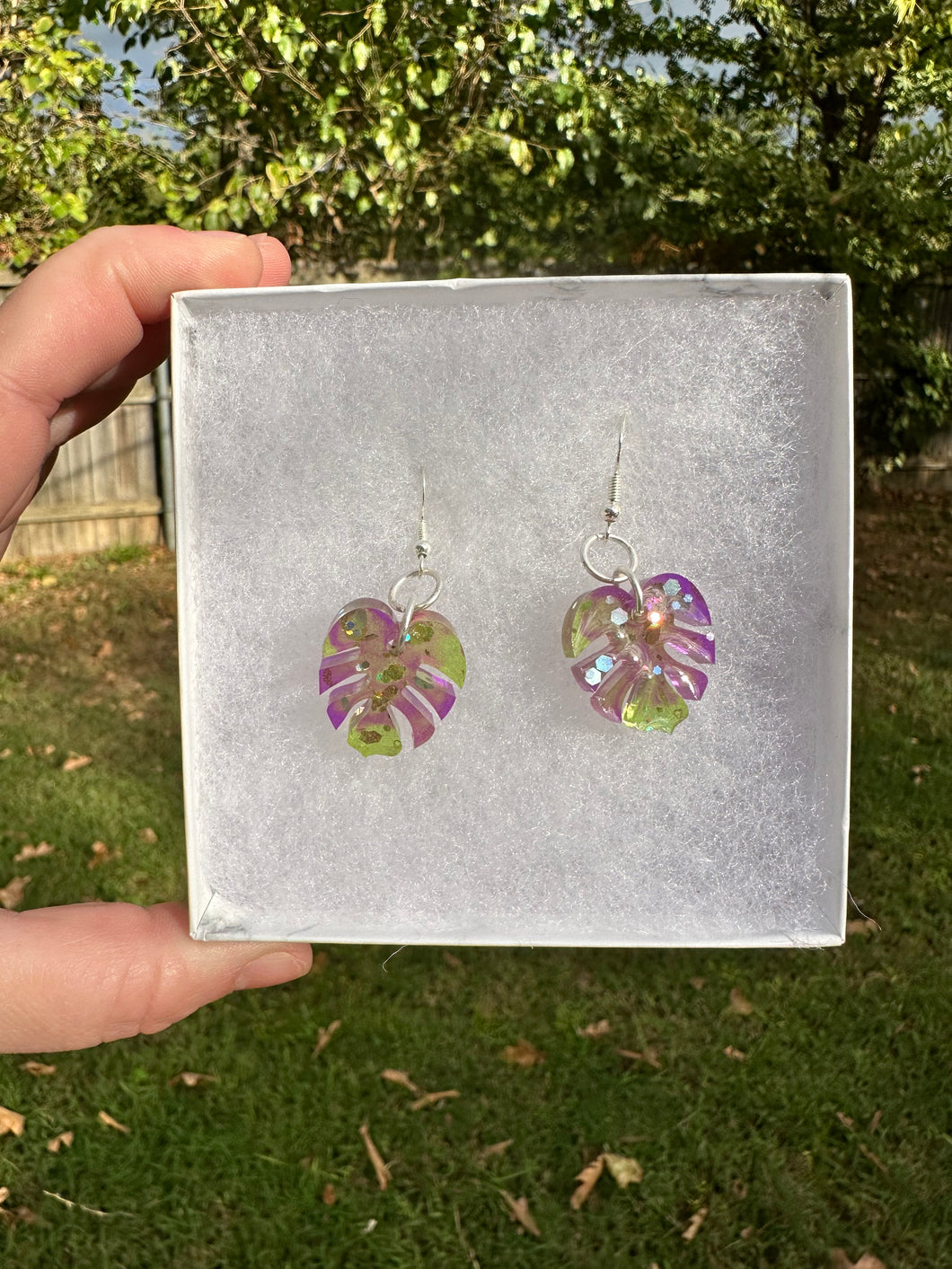 Green & Purple Monstera Leaf Earrings