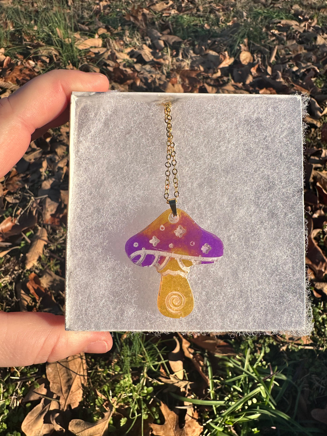 Purple & Yellow Sparkly Mushroom Necklace