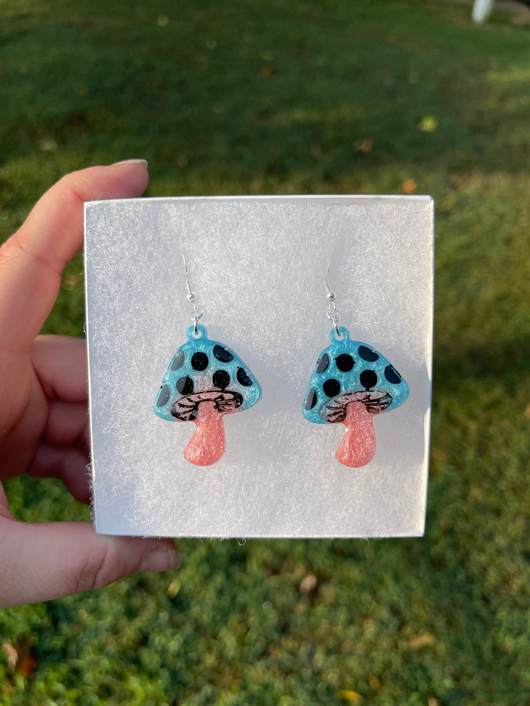 Small Blue & Pink Mushroom Earrings