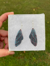Load image into Gallery viewer, Blue, Purple, &amp; Grey Shimmery Wing Earrings
