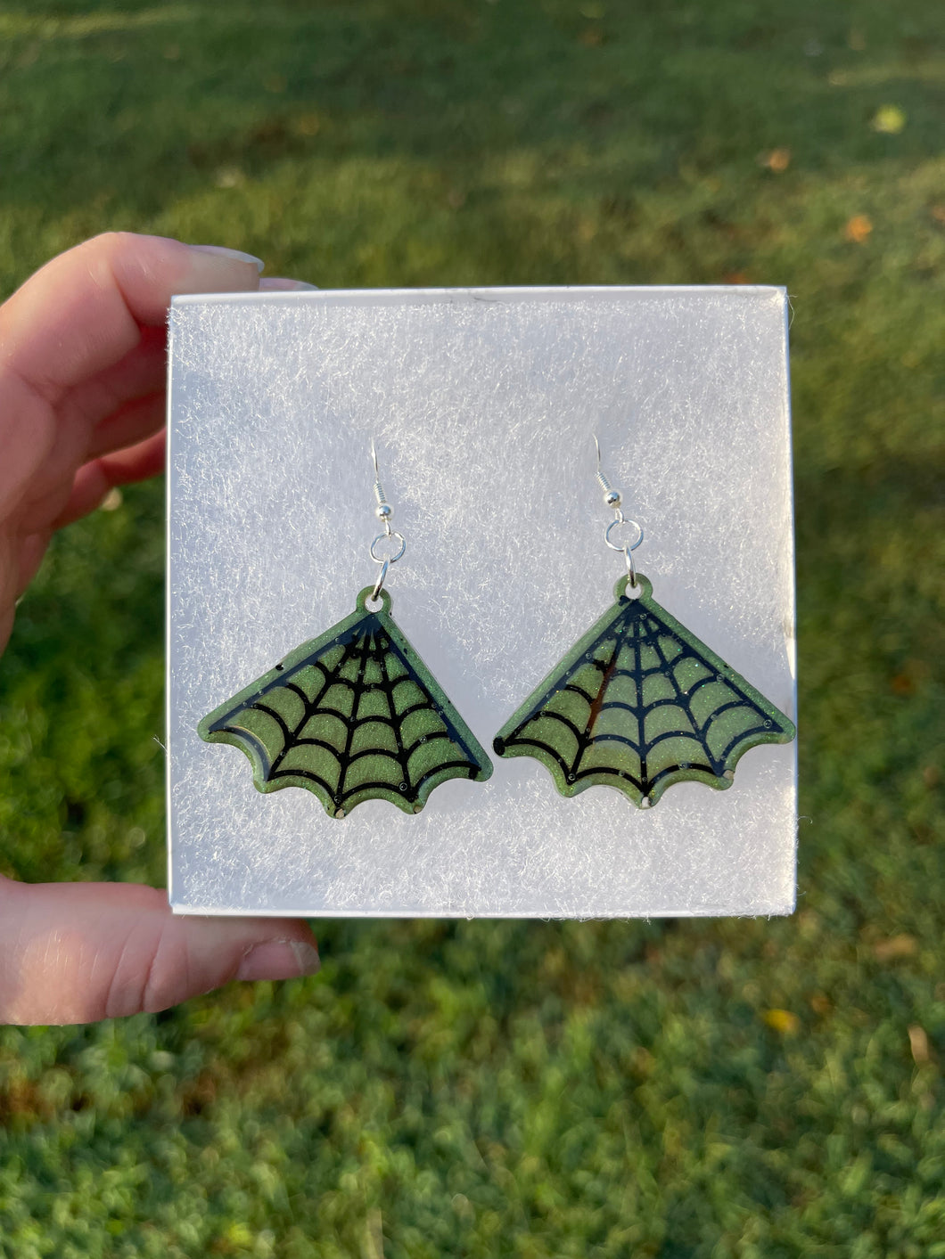 Green Shimmering Spiderweb Earrings