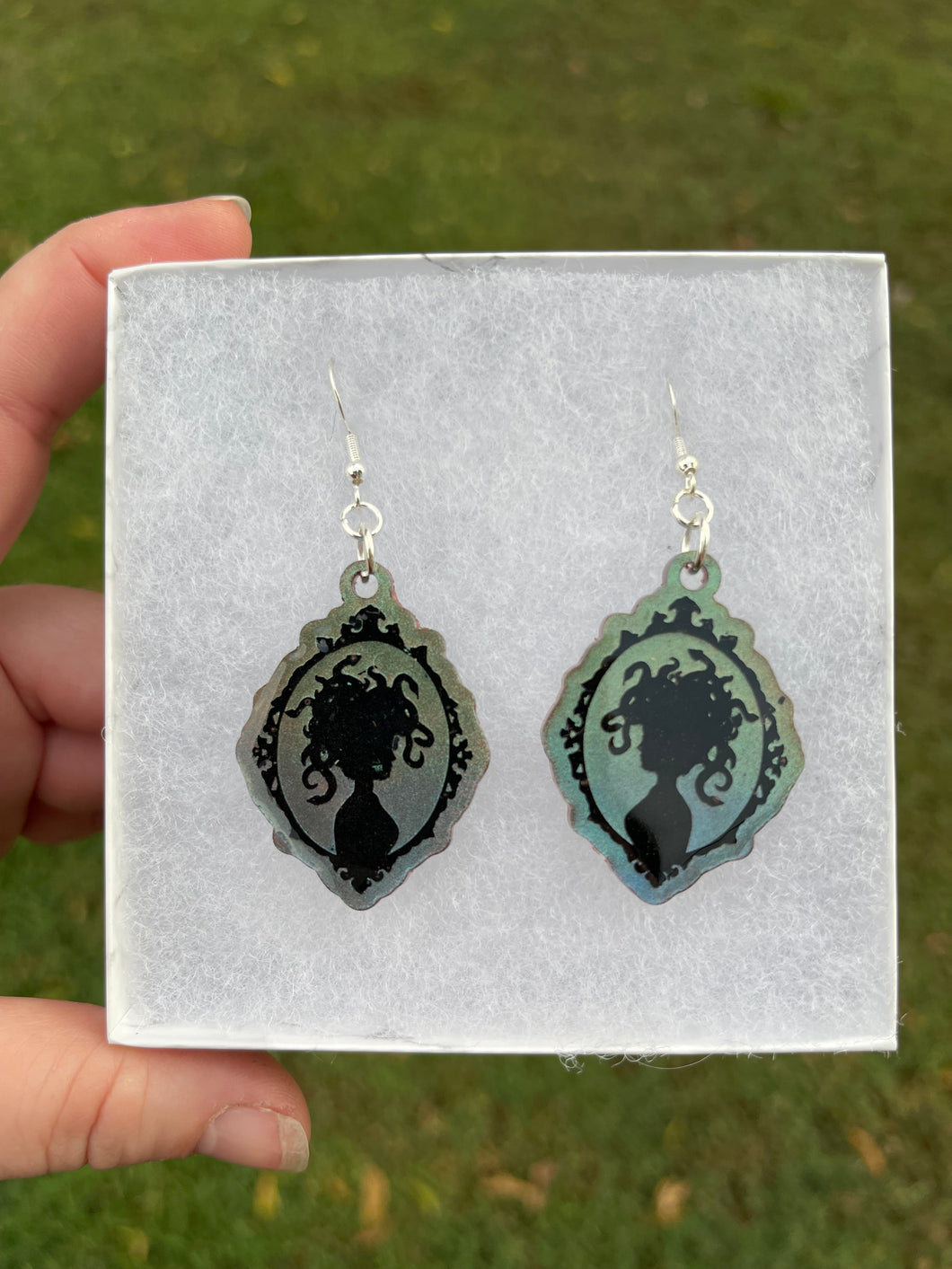 Blue & Green Shimmering Medusa Silhouette Earrings