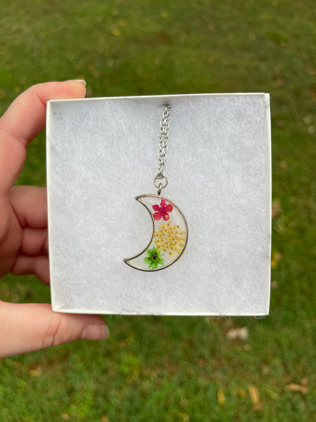 Pink, Green, & Orange Floral Moon Necklace